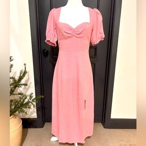 VICI NWOT pink small sweetheart neckline, midi dress, 👗 linen feel, modest!